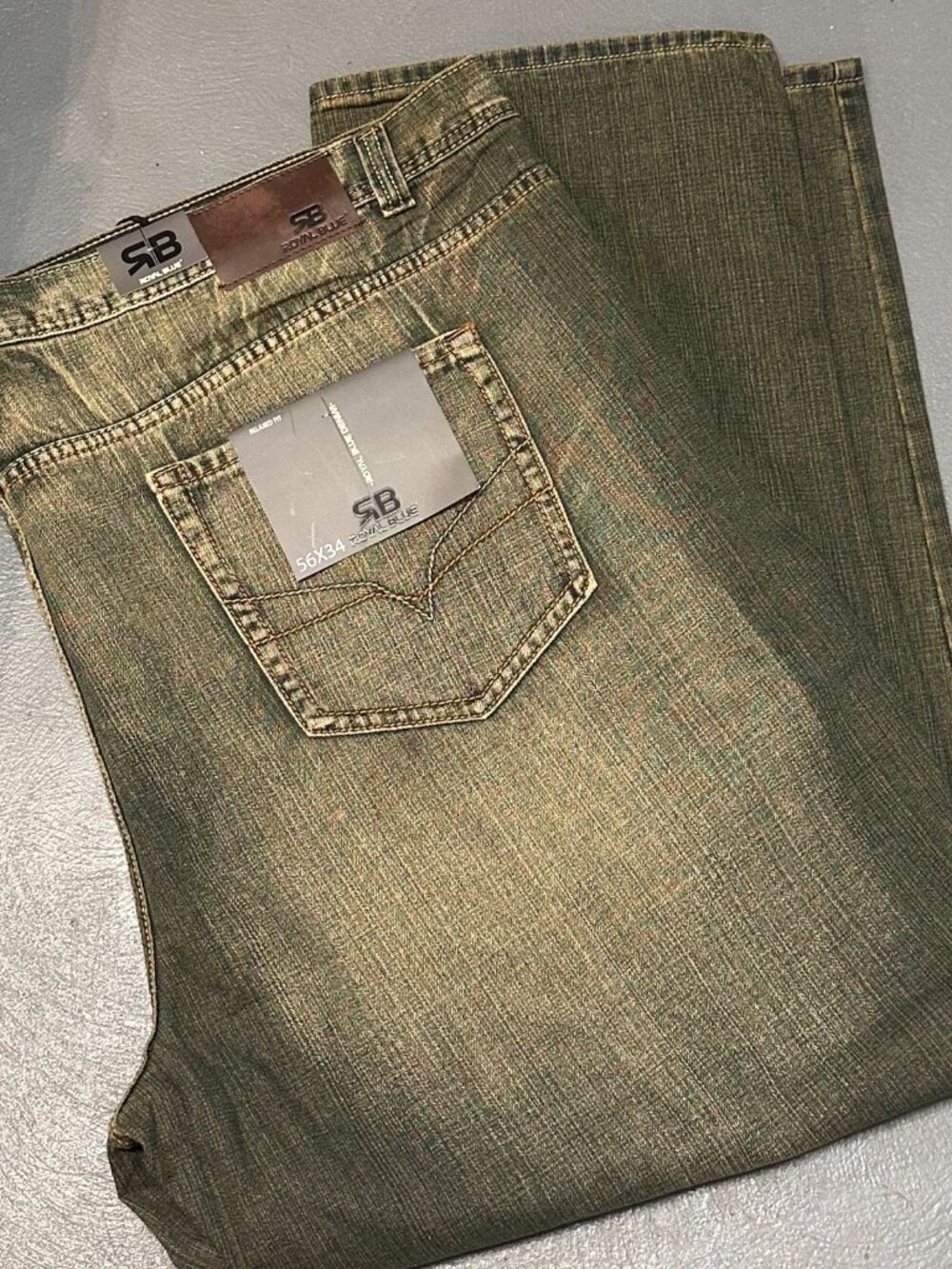 Royal Blue Brand Denim Jeans Men 56 x 34 Relaxed Big & Tall Olive Green Wash